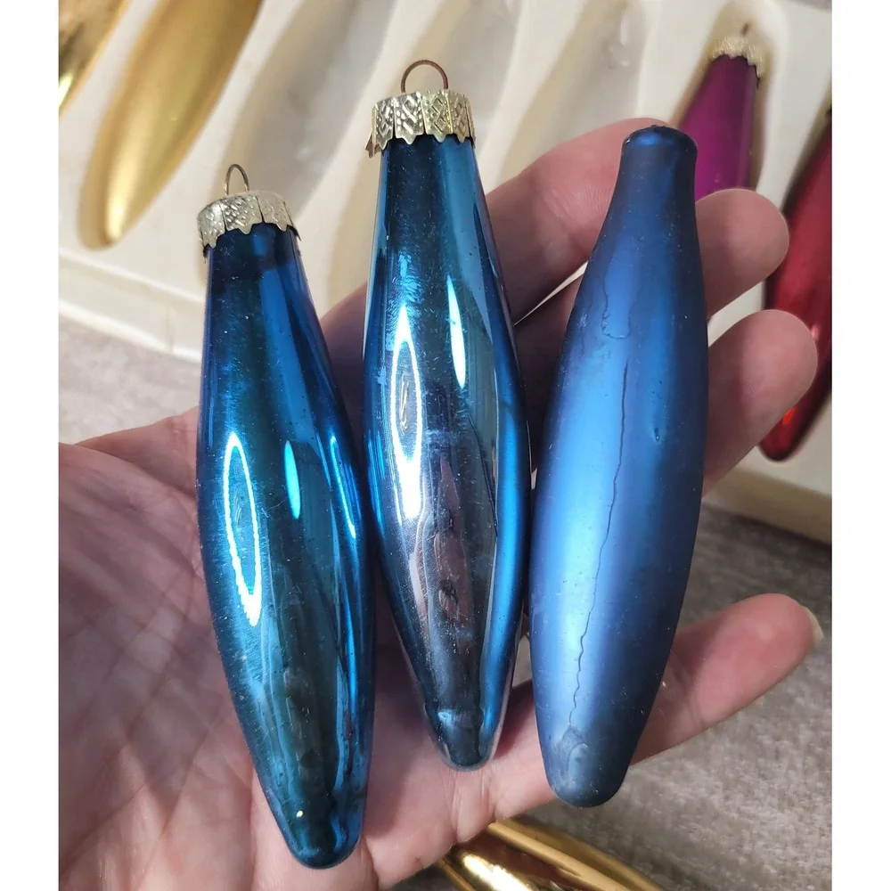 Vintage Glass Christmas Ornaments Teardrop Torpedo Jewel Tone Mixed Set of 9